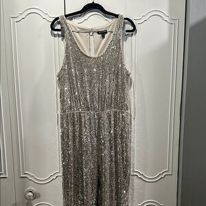 Express Silver Sequin Jumpsuit with Scoop Neckline